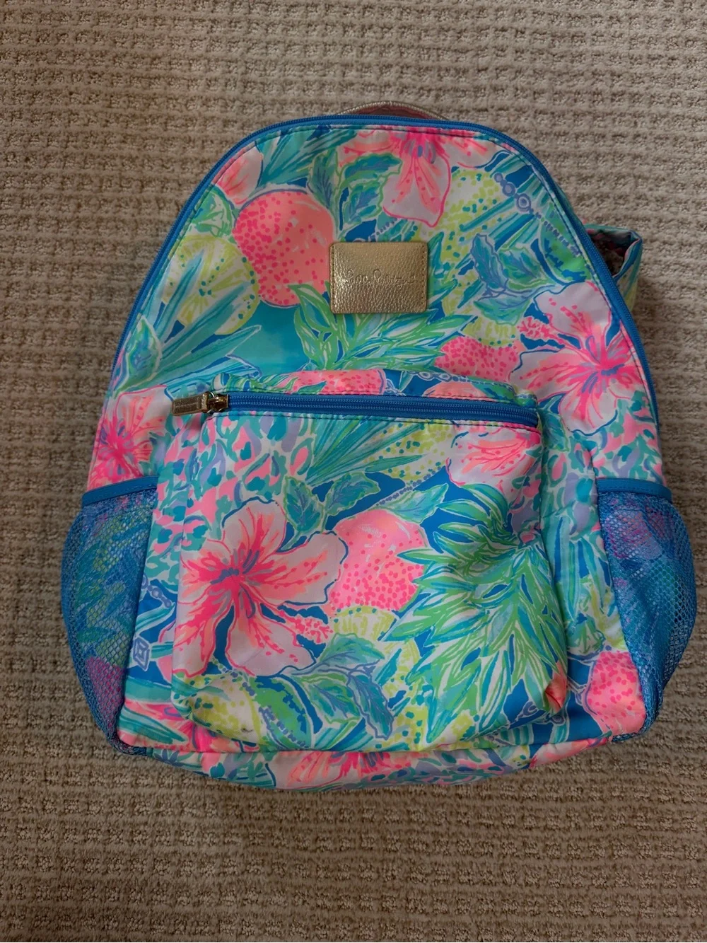 Lilly Pulitzer Swizzle In Tropical Floral Backpack Blue Pink Pineapple Hibiscus